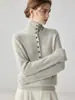 Suéter de cachemira para mujer, sencillo y versátil, con cuello camisero y botones, top de punto de cachemira de color liso, corte holgado