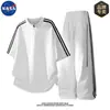 Conjunto de Calça Longa de Manga Curta Listrada com Zíper Meio Aberto Co-Branded NASA para Homens, Roupa Casual Solta Tendência de Verão
