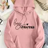 Moletom com Capuz Casual Feminino de Manga Longa com Cordão e Bolso, Estampa "Mama", Outono e Inverno