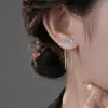 Brincos de Franja Flor Íris Azul com Agulha de Prata Pura 999 para Mulheres, Brincos Longos de Passar na Orelha, Joia de Orelha Elegante e Versátil