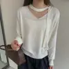 Top de punto con diseño de cuello en V, huecos y cintas, de manga larga, estilo perezoso, corte holgado y efecto adelgazante, para primavera y verano, de importación.