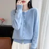 Cárdigan de punto para mujer 100% lana pura con cuello redondo y diseño de bloques de color, holgado y estilizado, suéter abotonado suave y elegante nuevo de otoño e invierno