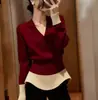 Suéter de Punto de Alto Gama con Bloques de Color Estilo Coreano para Mujer, Diseño Otoño e Invierno, Ceñido a la Cintura, Adelgazante, Prendas de Punto para Usar por Debajo