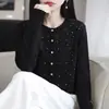 Cárdigan de punto casual de otoño nuevo y moderno estilo coreano para mujer, top de cuello redondo ajustado, abrigo suéter versátil, corte holgado con pedrería