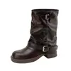 Botines estilo nuevo 2026, botas vaqueras western plisadas negras, punta redonda, tacón grueso, hebilla de cinturón, botines cortos Maillard para mujer