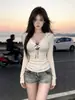 Camiseta Base Ajustada Manga Larga Spicy Girl con Adorno de Encaje de Lazo Escote en V para Mujer Primavera Otoño Ajustada Moldeadora Dulce Pura Picante