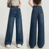 Jeans de perna larga com design personalizado de strass para mulheres, novo estilo outono 2026, calças soltas de perna reta compridas até o chão