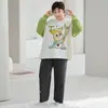 Pijama para niños de talla grande, ropa de estar de manga larga de algodón puro extragrande, conjunto de pijama para niños, estilo casual holgado de dibujos animados para otoño, estilo estudiantil