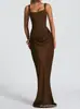 Estilo Europeu e Americano Feminino Casual Manga Longa Slim-Fit Espinha de Peixe Puro Desejo Alça Fina Vestido Longo, Bodycon Slim-Fit Cor Sólida
