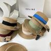 Sombrero de paja de ala plana con cinta de color de moda europea y americana de color mixto para mujer, para playa, exterior, protección solar, casual, tipo cuenco