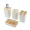 Set de Cuatro Piezas para Tocador de Baño de Bambú y Madera: Vaso para enjuague bucal, Portacepillos de dientes, Jabonera, Set de botellas de loción