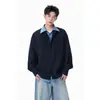 Camisa longa masculina estilo americano, falsa duas peças, emendada, manga longa, novo cardigã outono 2026 com gola de lapela, top casual solto