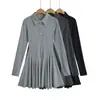 Estilo Academia Vintage Polo Lapela Slim-fit Slim-fit Cinza vestido Feminino Outono Cintura Americana Linha A Saia Plissada