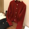 Cárdigan de Otoño e Invierno 100% Lana para Mujer, Suéter de Cuello Redondo con Botones de Diamante de Alta Calidad, Abrigo de Invierno para Mujer, Suéter de Punto Rojo para Año Nuevo