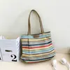 Bolsa de palha tecida listrada colorida, bolsa de praia, moderna e versátil, grande capacidade, bolsa de ombro e de antebraço