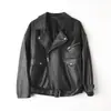 Chaqueta de Cuero Genuino HN6128 Vintage Oveja Curtida Completamente al Vegetal Corte Amplio Dulce Fresca Estilo Europeo y Americano Chaqueta de Motocicleta para Mujer