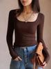 Camiseta Interior de Otoño 2024 Camiseta Modal Top de Primavera y Otoño Manga Larga Estilo Coreano Ajustada Negra Cuello Bajo para Mujer