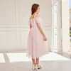 Vestido de Princesa Rosa de Malla con Hombros Descubiertos, Flores 3D y Cinturón para Niñas, de Longitud Media, Transfronterizo Europeo y Americano