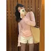 Camiseta delgada de algodón para mujer, estilo coreano, color rosa, con diseño de copo de nieve, manga larga, para primavera-verano-otoño, elegante y ligeramente transparente, camisa protectora del sol para aire acondicionado, capa base
