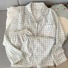 Venta al por mayor transfronteriza Pijamas japoneses Kt Cat de talla grande para mujer, de manga larga para primavera y otoño, a cuadros azul leche, lindos para casa, conjunto de dos piezas