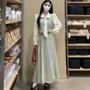 Vestido largo de manga larga con cuello camisero, bloques de color patchwork estilo francés transfronterizo para mujer, otoño, estilo suave de dos piezas simuladas, línea A