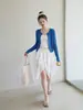 Cardigan Suéter Azul Gola Redonda Feminino 2026 Novo Estilo Jaqueta de Tricô Trançado Outono Estilo Coreano Top Peça de Exterior Pequena