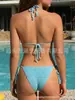Conjunto de Bikini de Dos Piezas Hecho a Mano de Ganchillo con Forma de Concha y Decoración de Perlas, Traje de Baño Triangular con Cuello Halter para Vacaciones en la Playa