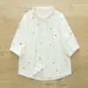 Camisa Bordada de Manga Média para Mulheres, Novo Estilo de Verão, Macia, Amiga da Pele, Respirável, Gaze de Algodão de Camada Dupla, Blusa de Manga 3/4