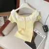 Estilo Verano Nuevo 2026, Diseño Elegante y Dulce, Tejido de Encaje con Lazo, Cuello Redondo, Top de Manga Corta para Mujer