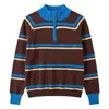 Suéter Tricô Listrado Colorido Retro Americano com Zíper Meio Zíper Feminino Primavera Outono Solto para Camada Sensação Preguiçosa Top de Tricô