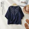 Nova camisa vintage de alta durabilidade com bordado tridimensional para mulheres da Jiangkemei, elegante suéter com decote V, blusa de algodão e linho