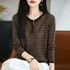 Suéter de Punto de Lana con Bloques de Color Cuello Redondo Semiabierto para Mujer Otoño Invierno Nuevo Agradable a la Piel Versátil Ajustado Rayado Capa Base Suéter Moderno