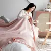 Manta toalha macia de algodão puro com textura waffle e renda estilo coreano, colcha fresca de verão para camas de solteiro ou casal, manta de dormir de algodão para o verão