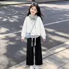 Traje estiloso e moderno para meninas em 2026: top moderno de duas peças falsas com gola estilosa, combinado com calças simples e casuais, um conjunto versátil de duas peças