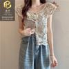 Camiseta Sem Manga para Mulheres, Nova Blusa Chique Estilo Francês com Design Vazado nos Clavículas, Top Curto de Renda Fino de Nicho para Venda por Atacado no Verão