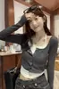 Camiseta de manga larga estilo retro americano para mujer, de dos piezas falsas, para principios de otoño, corte ajustado, top corto halter de moda, prenda interior