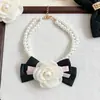 Protetores de Orelha Pequenos para Pets Estilo Francês Meika Orelhas Grandes Adereço de Cabeça para Cachorro Flores Brancas Laço Decoração de Colar de Pérolas