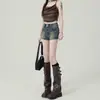 Shorts Vaqueros Retro Azules de Cintura Alta Elásticos para Mujer Verano 2025 Chica Caliente Pierna Estrecha Acortador de Piernas Hot Pants