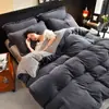 Estilo Lujo Ligero Invierno Color Sólido Leche Polar Cálido Juego de Cama de Cuatro Piezas Funda de Edredón de Franela Doble Cara Sábana Ajustable Ropa de Cama Más Juego de Polar