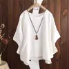 Camiseta de Algodón y Lino de Manga Corta para Mujer, Top de Verano Holgado de Color Sólido con Manga Murciélago, Suéter de Cuello Redondo, Algodón Puro para el Trabajo