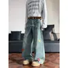 Jeans de Pierna Ancha Estilo Americano con Bordado de Toalla de Dibujos Animados y Cimitarra para Hombres y Mujeres, Marca de Moda Diseño de Otoño, Pantalones Largos Lavados Acampanados High Street