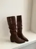 Botas altas de estilo coreano para otoño e invierno, retro 2026, con tacón grueso, caña alta, hasta la rodilla, plisadas, de doble uso, para mujer, con punta fina