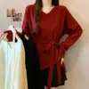 Suéter de punto holgado y casual con cuello halter en V y manga larga para mujer, nuevo suéter top de talla grande para principios de otoño que cubre el abdomen