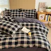 Novo Conjunto de Quatro Peças Tingido em Fio 100% Algodão Lavado Conjunto de Três Peças 100% Algodão para Dormitório Estudantil Lençol de Cama Individual Capa de Edredom Roupa de Cama
