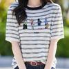 Verano Tencel Lyocell Tejido Manga Corta Mujer Cuello Redondo Rayado Bordado Holgado Media Manga Camiseta Capa Base
