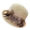 Sombrero de sol tejido estilo coreano de verano para mujer con ala pequeña, bordes enrollados, decoración floral, sombrero de paja con protección solar, moderno, elegante y versátil