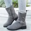 Botas de neve de cano médio com fivela transfronteiriça para mulheres, com zíper lateral, salto grosso, forro de fleece e acabamento em camurça, em estilo Western retrô, perfeitas para o inverno.