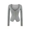 Camiseta de Manga Larga con Botones, Cuello en V, Cintura Plisada para Ceñir, Estilo Nuevo de Verano para Mujer, Color Sólido Ajustada, Camisa Base Corta