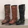 Botas de Cuero de Caña Alta para Mujer Otoño/Invierno 35-45, Color Sólido, Tallas Grandes, Punta Redonda, Suela de Goma Suave, Antideslizante, Sin Cordones, Tacón Bajo