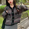 Estilo Coreano Elegante Suave Estilo Chanel Suéter Arco-Íris Casaco Feminino Outono e Inverno Novo Listrado Cor Contrastante Tricô Cardigan Social